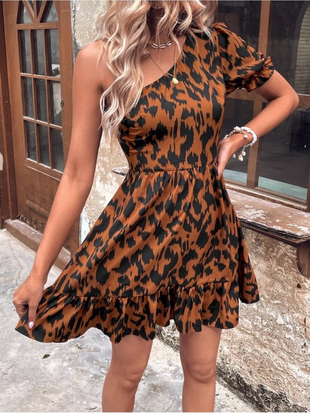 One-Shoulder Brown Leopard Print Mini Dress